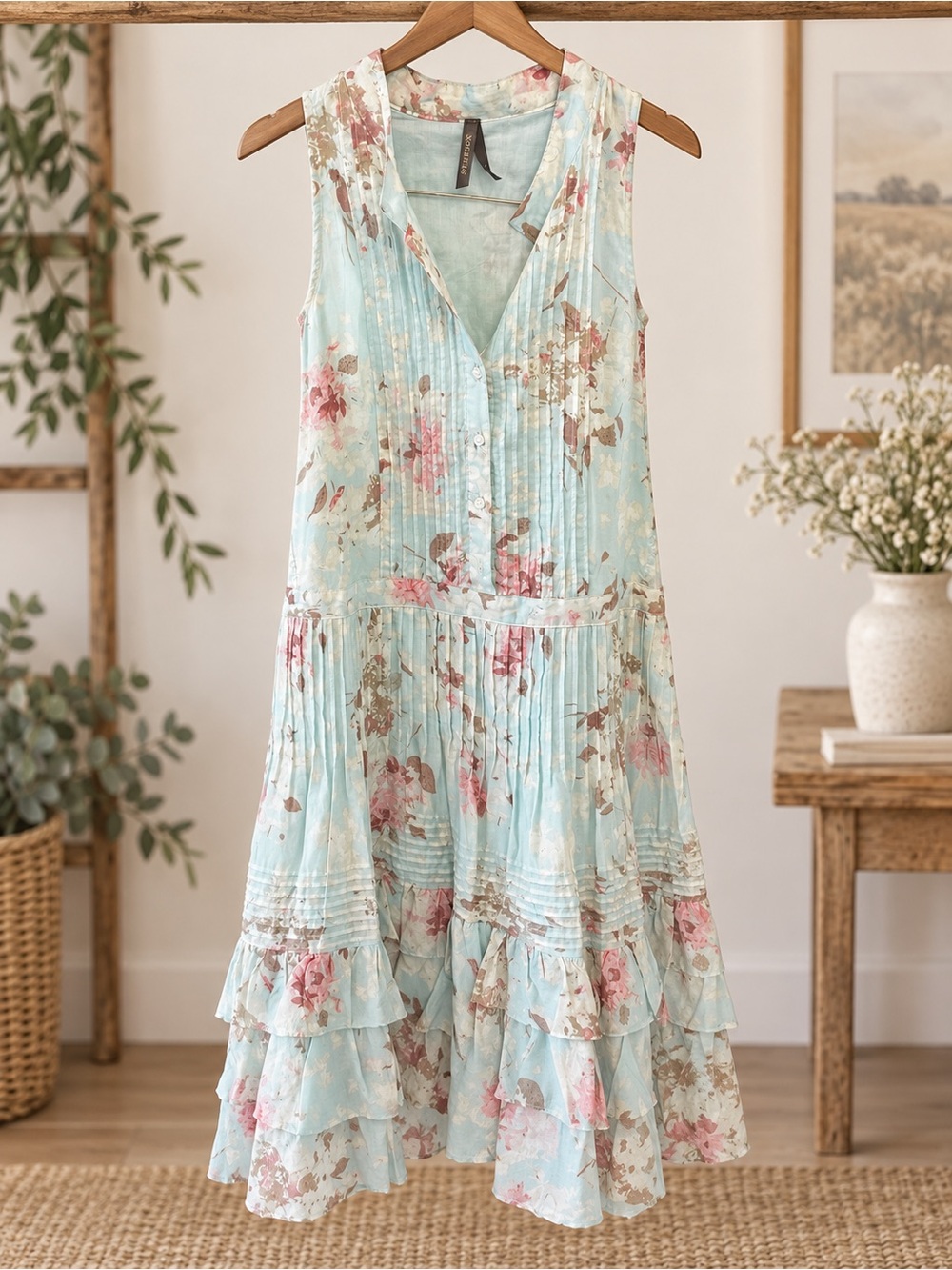 Stetson Blue Floral Sleeveless Ruffel Cotton Boho Midi Dress  SZ M